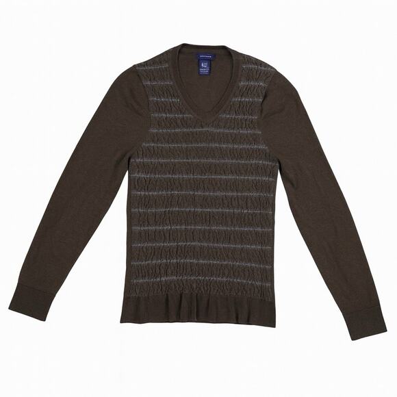 Merino Wool Sweater Women Med Brown Textured V-Neck Knit Top Y2K 90s Era Classic - Picture 2 of 15